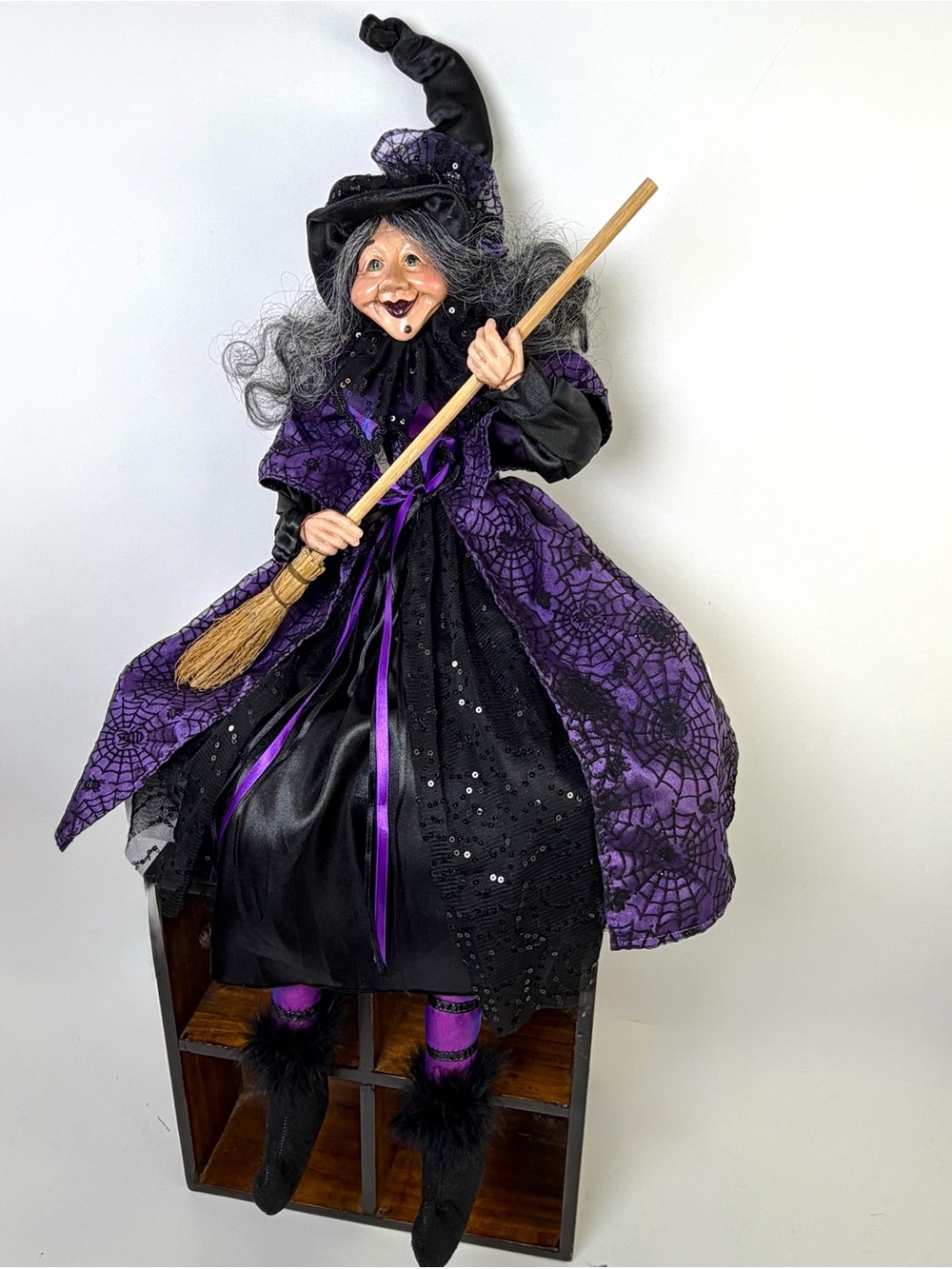 Large 26” Shelf Sitter Witch Doll Resin Face Hands Purple Black Halloween Decor